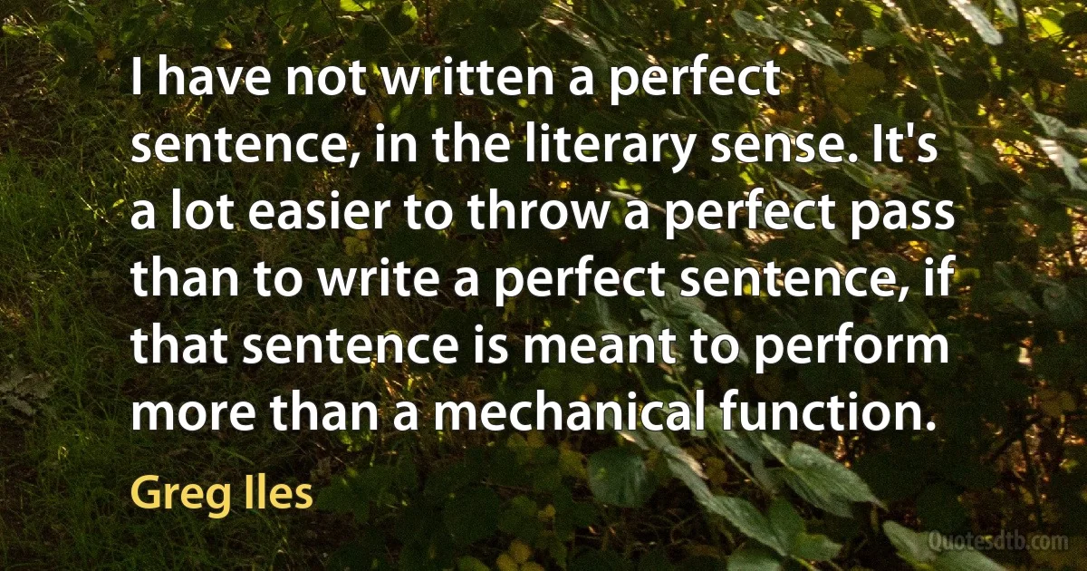 I have not written a perfect sentence, in the literary sense. It's a lot easier to throw a perfect pass than to write a perfect sentence, if that sentence is meant to perform more than a mechanical function. (Greg Iles)