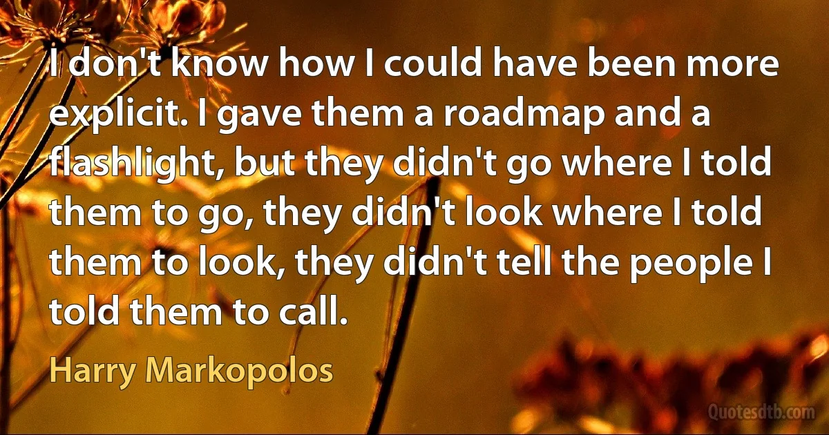 I don't know how I could have been more explicit. I gave them a roadmap and a flashlight, but they didn't go where I told them to go, they didn't look where I told them to look, they didn't tell the people I told them to call. (Harry Markopolos)