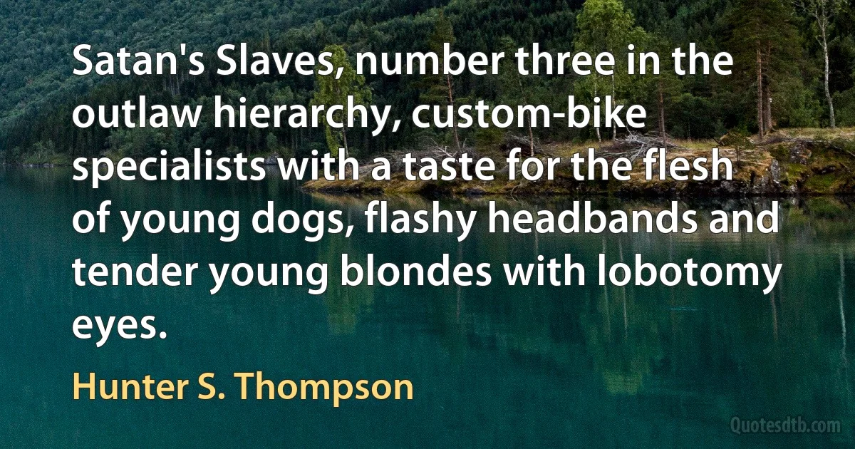 Satan's Slaves, number three in the outlaw hierarchy, custom-bike specialists with a taste for the flesh of young dogs, flashy headbands and tender young blondes with lobotomy eyes. (Hunter S. Thompson)