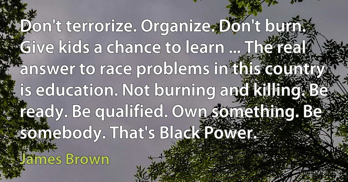 Don't terrorize. Organize. Don't burn. Give kids a chance to learn ... The real answer to race problems in this country is education. Not burning and killing. Be ready. Be qualified. Own something. Be somebody. That's Black Power. (James Brown)