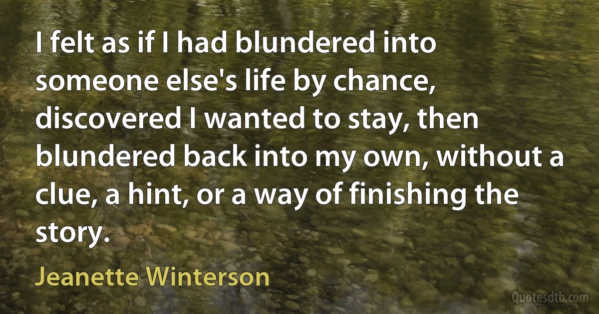 I felt as if I had blundered into someone else's life by chance, discovered I wanted to stay, then blundered back into my own, without a clue, a hint, or a way of finishing the story. (Jeanette Winterson)