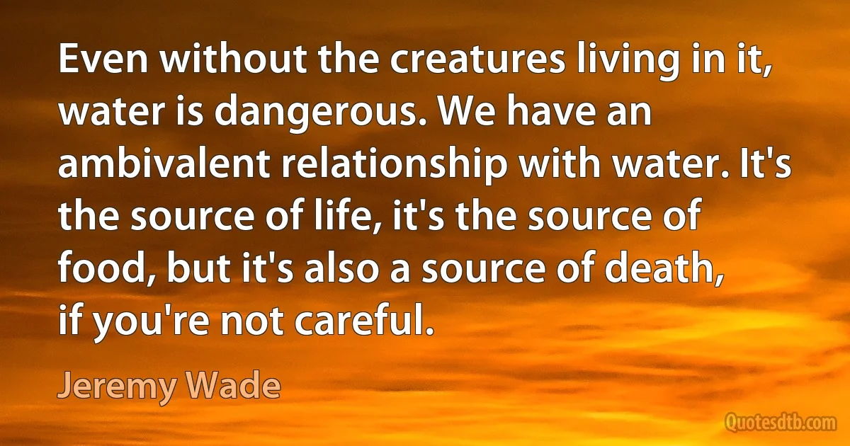 Even without the creatures living in it, water is dangerous. We have an ambivalent relationship with water. It's the source of life, it's the source of food, but it's also a source of death, if you're not careful. (Jeremy Wade)