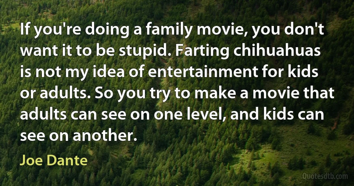 If you're doing a family movie, you don't want it to be stupid. Farting chihuahuas is not my idea of entertainment for kids or adults. So you try to make a movie that adults can see on one level, and kids can see on another. (Joe Dante)