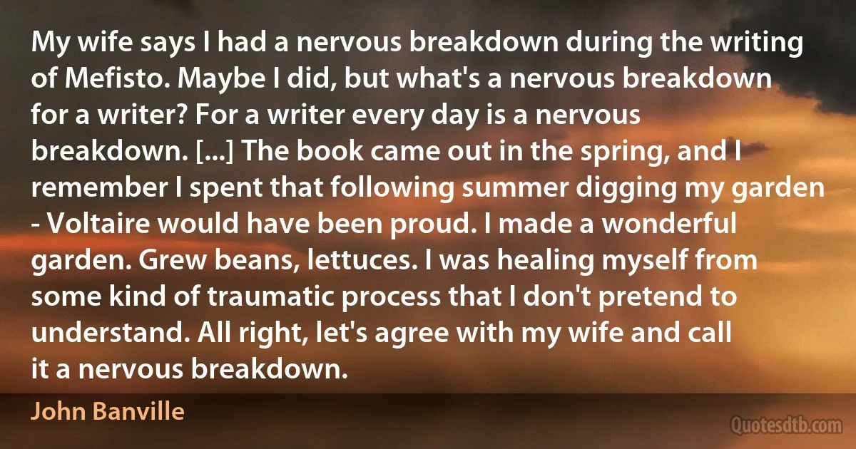 My wife says I had a nervous breakdown during the writing of Mefisto. Maybe I did, but what's a nervous breakdown for a writer? For a writer every day is a nervous breakdown. [...] The book came out in the spring, and I remember I spent that following summer digging my garden - Voltaire would have been proud. I made a wonderful garden. Grew beans, lettuces. I was healing myself from some kind of traumatic process that I don't pretend to understand. All right, let's agree with my wife and call it a nervous breakdown. (John Banville)