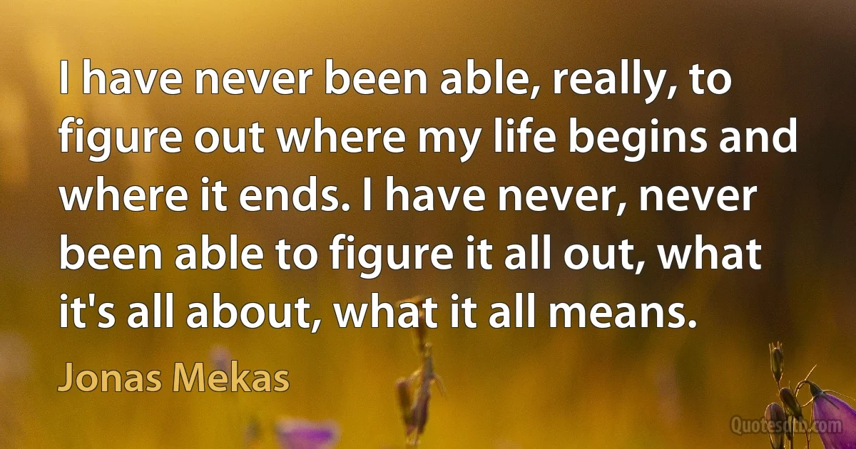 I have never been able, really, to figure out where my life begins and where it ends. I have never, never been able to figure it all out, what it's all about, what it all means. (Jonas Mekas)