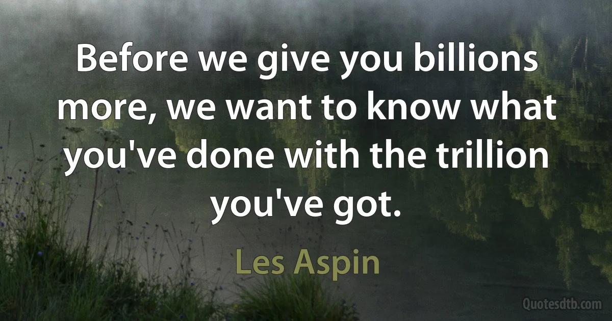 Before we give you billions more, we want to know what you've done with the trillion you've got. (Les Aspin)