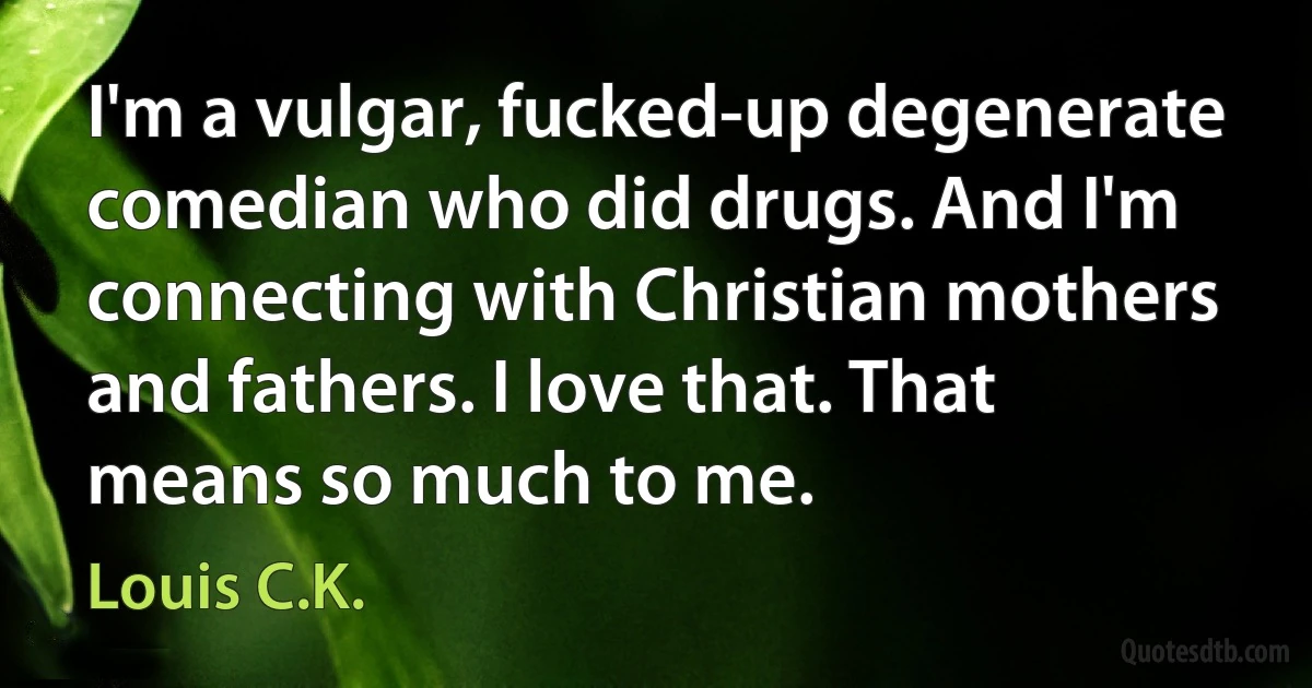 I'm a vulgar, fucked-up degenerate comedian who did drugs. And I'm connecting with Christian mothers and fathers. I love that. That means so much to me. (Louis C.K.)