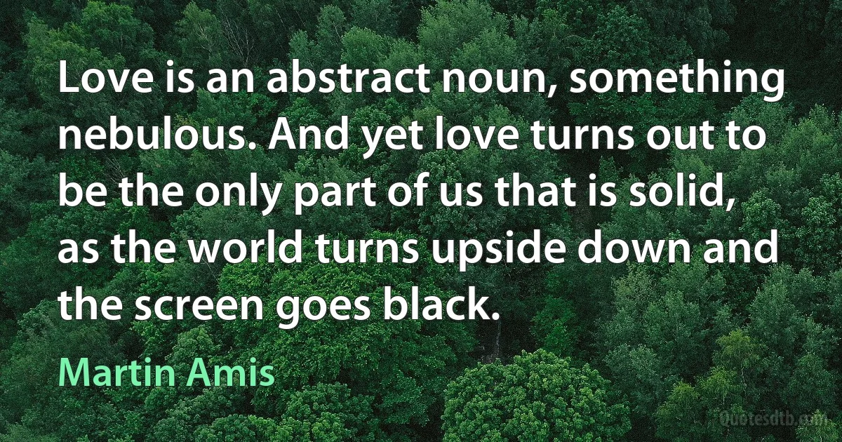 Love is an abstract noun, something nebulous. And yet love turns out to be the only part of us that is solid, as the world turns upside down and the screen goes black. (Martin Amis)