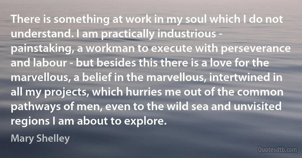 There is something at work in my soul which I do not understand. I am practically industrious - painstaking, a workman to execute with perseverance and labour - but besides this there is a love for the marvellous, a belief in the marvellous, intertwined in all my projects, which hurries me out of the common pathways of men, even to the wild sea and unvisited regions I am about to explore. (Mary Shelley)