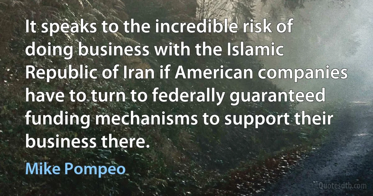 It speaks to the incredible risk of doing business with the Islamic Republic of Iran if American companies have to turn to federally guaranteed funding mechanisms to support their business there. (Mike Pompeo)