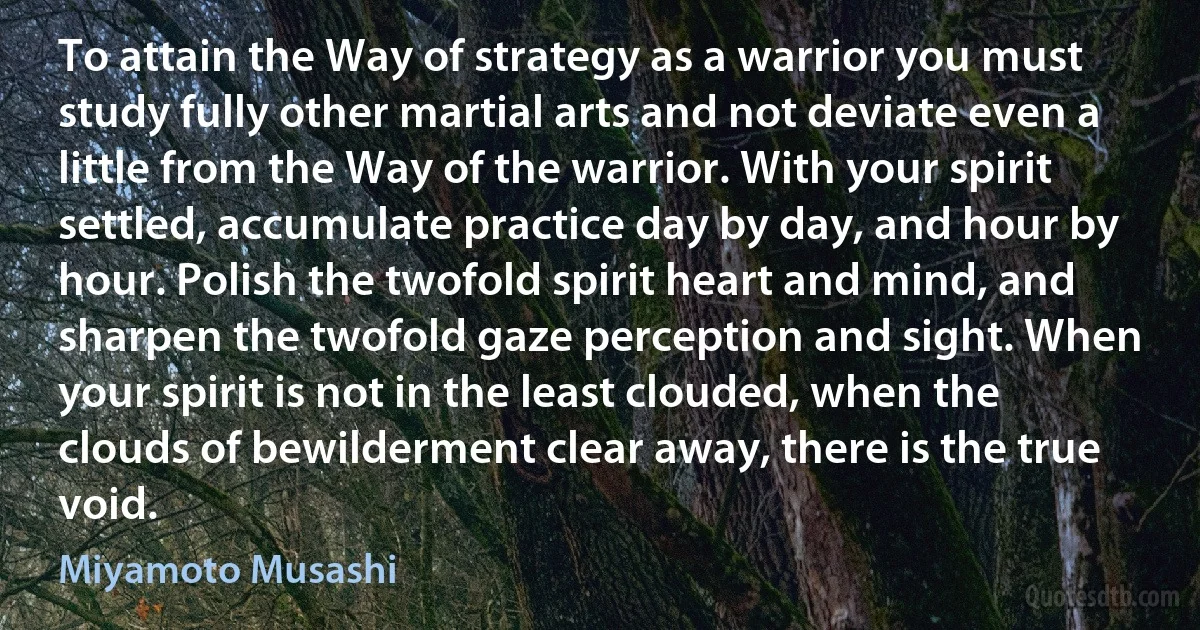 To attain the Way of strategy as a warrior you must study fully other martial arts and not deviate even a little from the Way of the warrior. With your spirit settled, accumulate practice day by day, and hour by hour. Polish the twofold spirit heart and mind, and sharpen the twofold gaze perception and sight. When your spirit is not in the least clouded, when the clouds of bewilderment clear away, there is the true void. (Miyamoto Musashi)