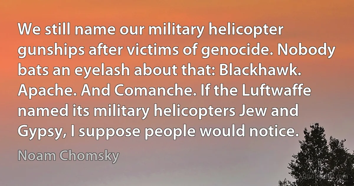 We still name our military helicopter gunships after victims of genocide. Nobody bats an eyelash about that: Blackhawk. Apache. And Comanche. If the Luftwaffe named its military helicopters Jew and Gypsy, I suppose people would notice. (Noam Chomsky)