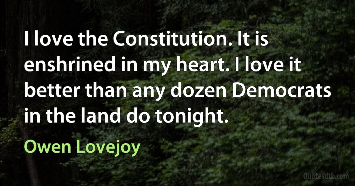 I love the Constitution. It is enshrined in my heart. I love it better than any dozen Democrats in the land do tonight. (Owen Lovejoy)