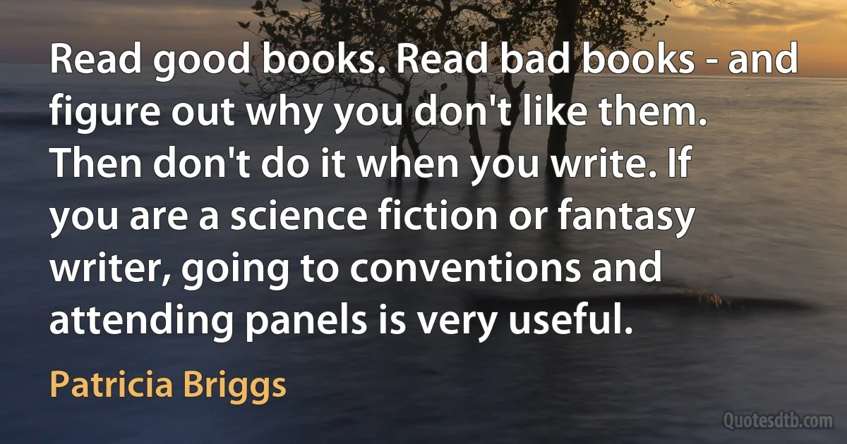 Read good books. Read bad books - and figure out why you don't like them. Then don't do it when you write. If you are a science fiction or fantasy writer, going to conventions and attending panels is very useful. (Patricia Briggs)