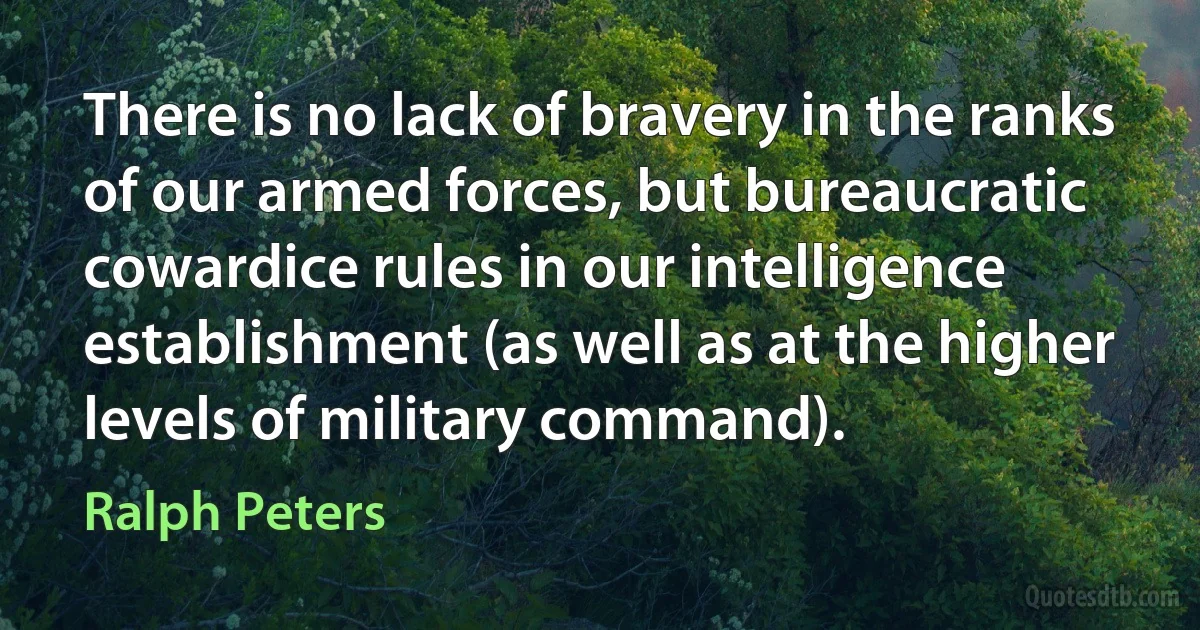 There is no lack of bravery in the ranks of our armed forces, but bureaucratic cowardice rules in our intelligence establishment (as well as at the higher levels of military command). (Ralph Peters)