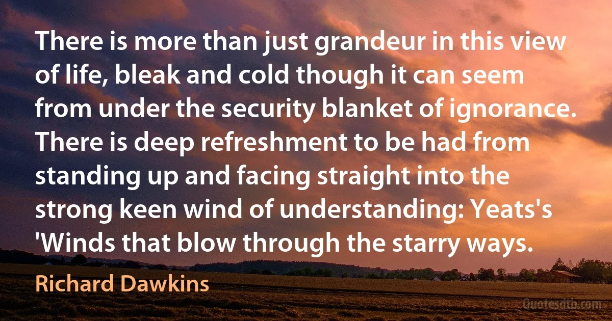 There is more than just grandeur in this view of life, bleak and cold though it can seem from under the security blanket of ignorance. There is deep refreshment to be had from standing up and facing straight into the strong keen wind of understanding: Yeats's 'Winds that blow through the starry ways. (Richard Dawkins)