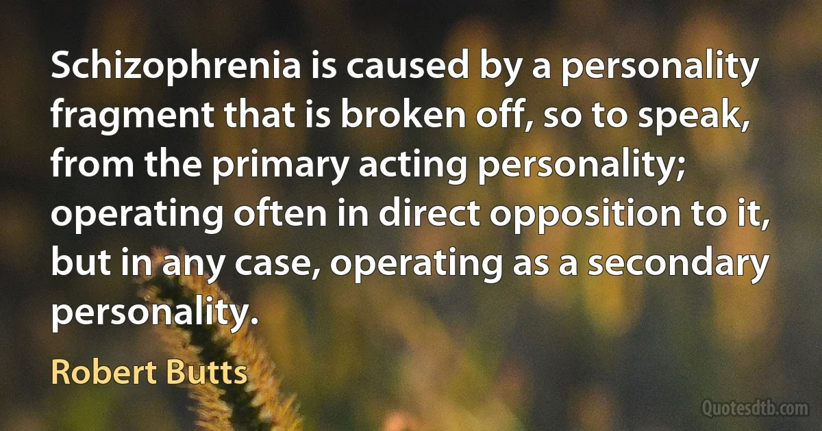 Schizophrenia is caused by a personality fragment that is broken off, so to speak, from the primary acting personality; operating often in direct opposition to it, but in any case, operating as a secondary personality. (Robert Butts)