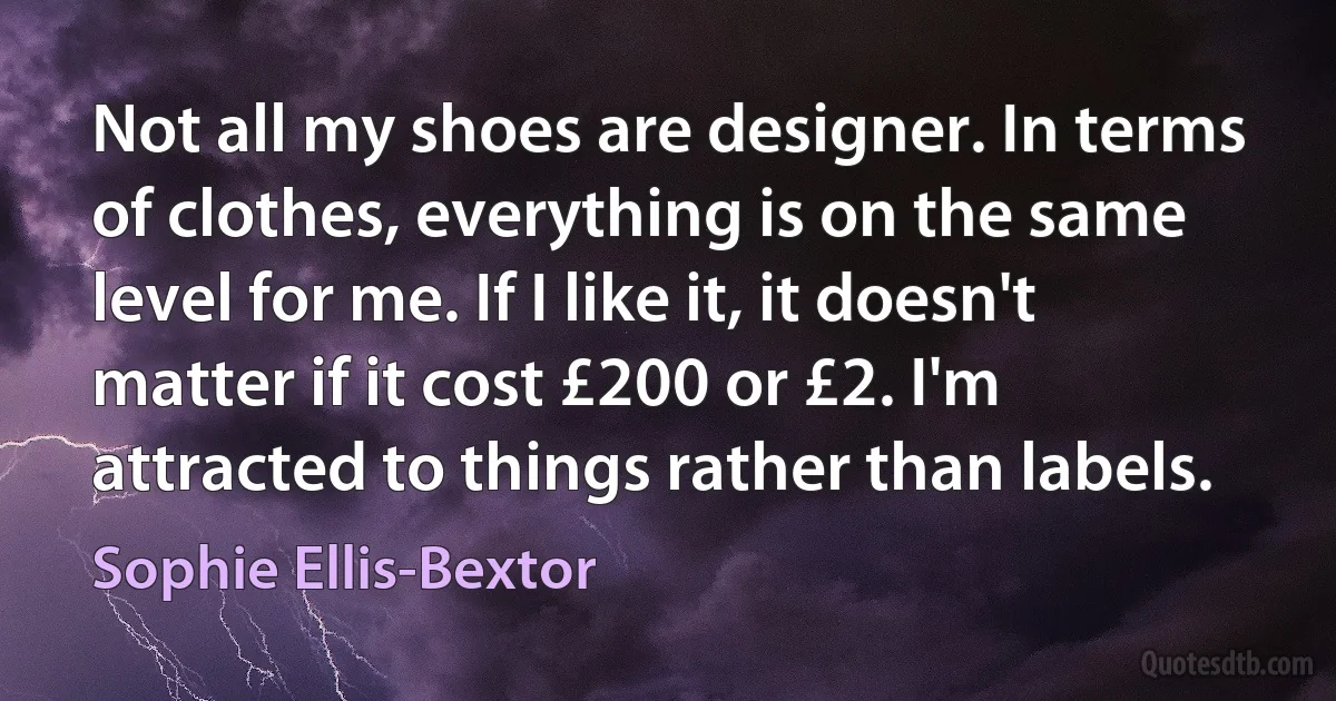 Not all my shoes are designer. In terms of clothes, everything is on the same level for me. If I like it, it doesn't matter if it cost £200 or £2. I'm attracted to things rather than labels. (Sophie Ellis-Bextor)