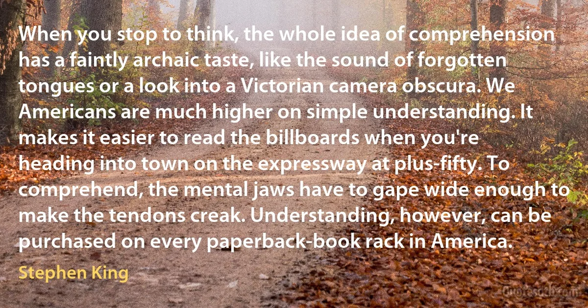 When you stop to think, the whole idea of comprehension has a faintly archaic taste, like the sound of forgotten tongues or a look into a Victorian camera obscura. We Americans are much higher on simple understanding. It makes it easier to read the billboards when you're heading into town on the expressway at plus-fifty. To comprehend, the mental jaws have to gape wide enough to make the tendons creak. Understanding, however, can be purchased on every paperback-book rack in America. (Stephen King)