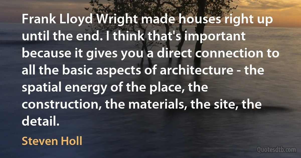 Frank Lloyd Wright made houses right up until the end. I think that's important because it gives you a direct connection to all the basic aspects of architecture - the spatial energy of the place, the construction, the materials, the site, the detail. (Steven Holl)