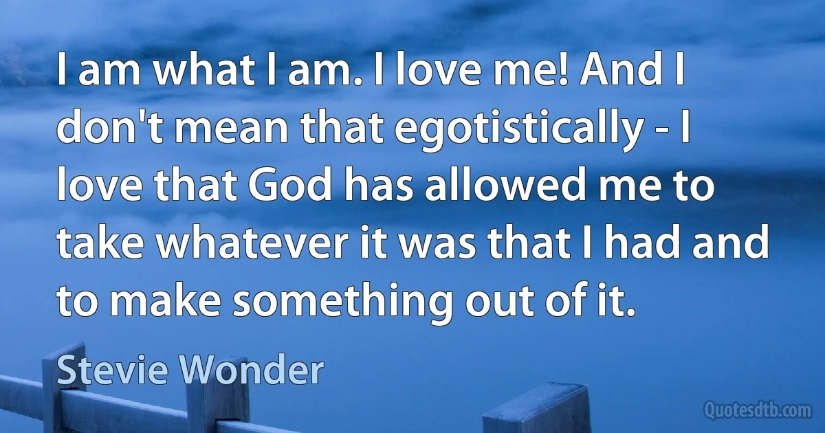 I am what I am. I love me! And I don't mean that egotistically - I love that God has allowed me to take whatever it was that I had and to make something out of it. (Stevie Wonder)