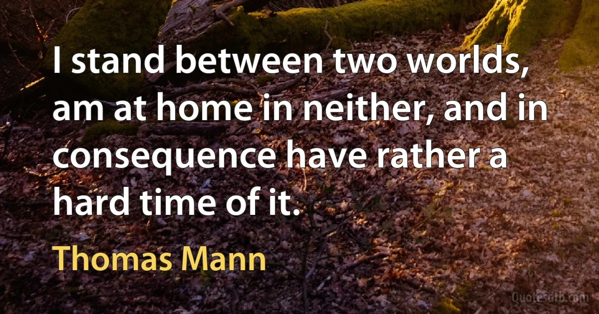 I stand between two worlds, am at home in neither, and in consequence have rather a hard time of it. (Thomas Mann)