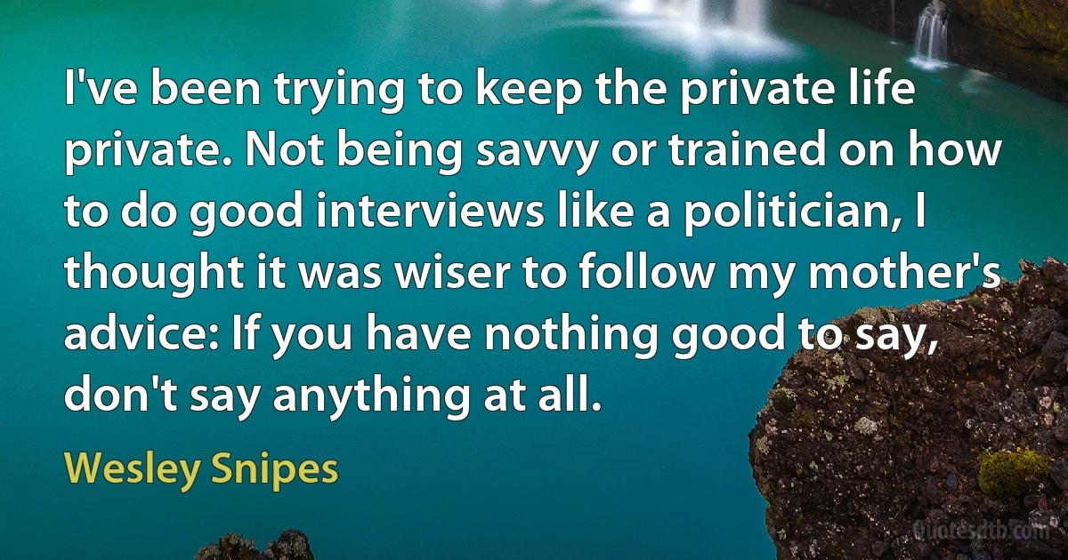 I've been trying to keep the private life private. Not being savvy or trained on how to do good interviews like a politician, I thought it was wiser to follow my mother's advice: If you have nothing good to say, don't say anything at all. (Wesley Snipes)