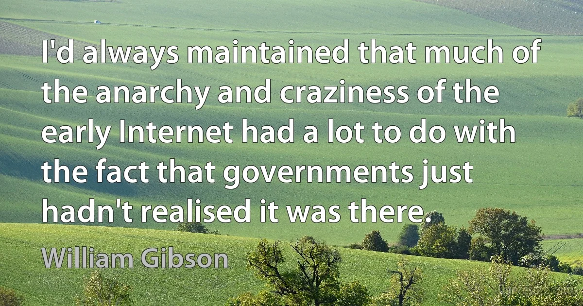 I'd always maintained that much of the anarchy and craziness of the early Internet had a lot to do with the fact that governments just hadn't realised it was there. (William Gibson)