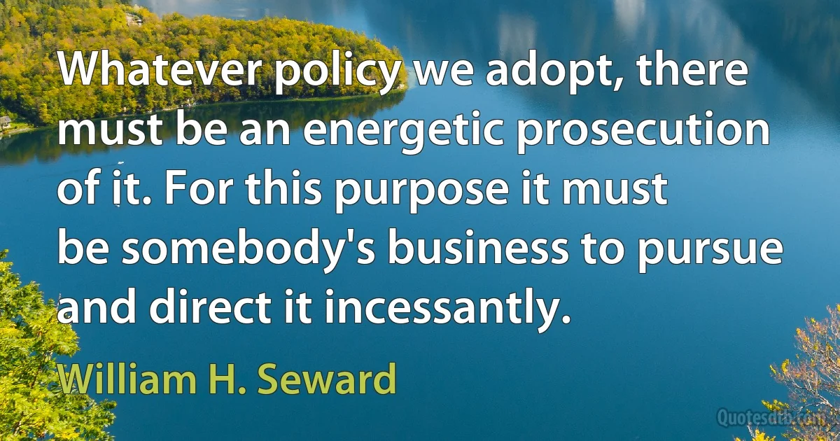 Whatever policy we adopt, there must be an energetic prosecution of it. For this purpose it must be somebody's business to pursue and direct it incessantly. (William H. Seward)