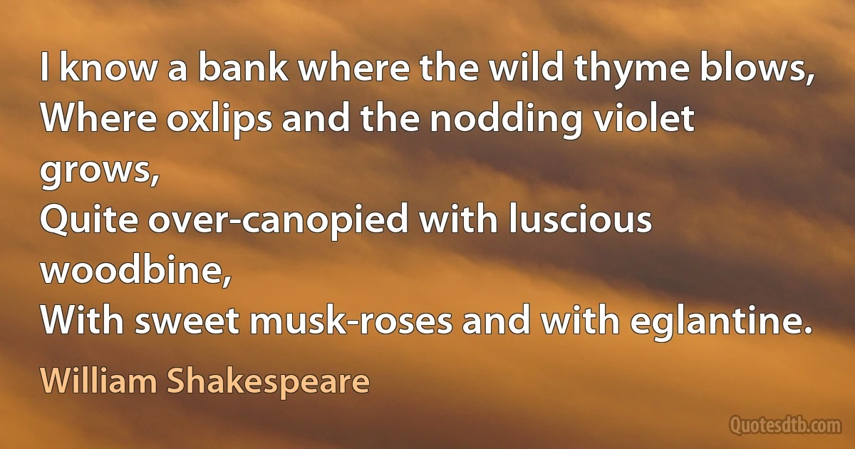 I know a bank where the wild thyme blows,
Where oxlips and the nodding violet grows,
Quite over-canopied with luscious woodbine,
With sweet musk-roses and with eglantine. (William Shakespeare)