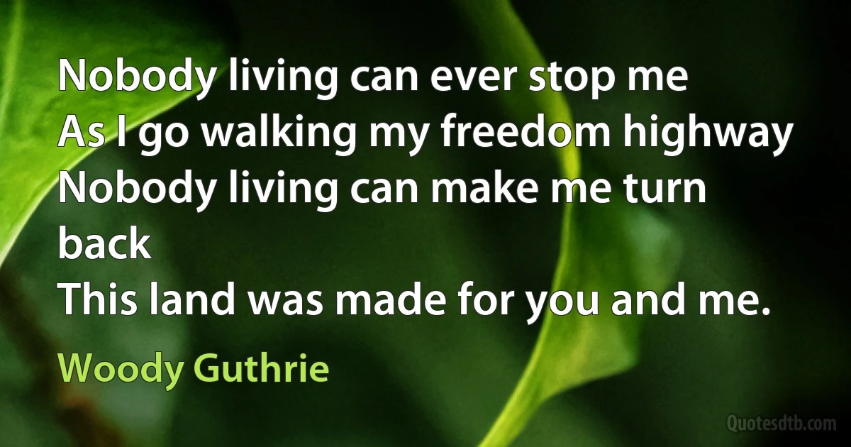 Nobody living can ever stop me
As I go walking my freedom highway
Nobody living can make me turn back
This land was made for you and me. (Woody Guthrie)