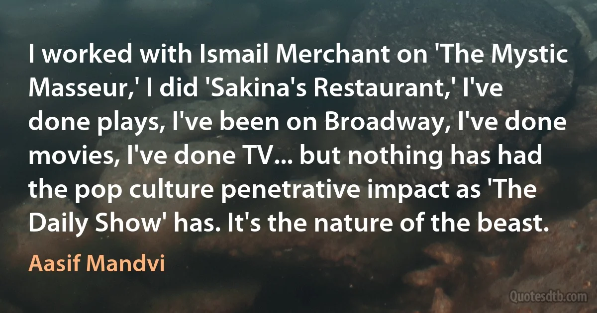 I worked with Ismail Merchant on 'The Mystic Masseur,' I did 'Sakina's Restaurant,' I've done plays, I've been on Broadway, I've done movies, I've done TV... but nothing has had the pop culture penetrative impact as 'The Daily Show' has. It's the nature of the beast. (Aasif Mandvi)