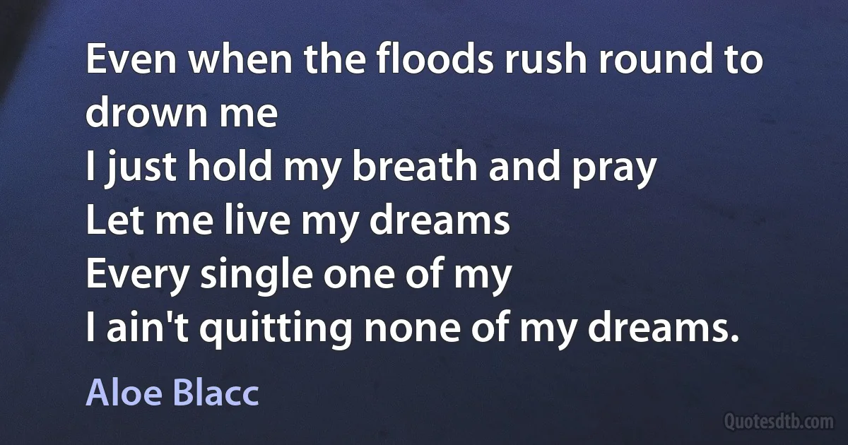 Even when the floods rush round to drown me
I just hold my breath and pray
Let me live my dreams
Every single one of my
I ain't quitting none of my dreams. (Aloe Blacc)