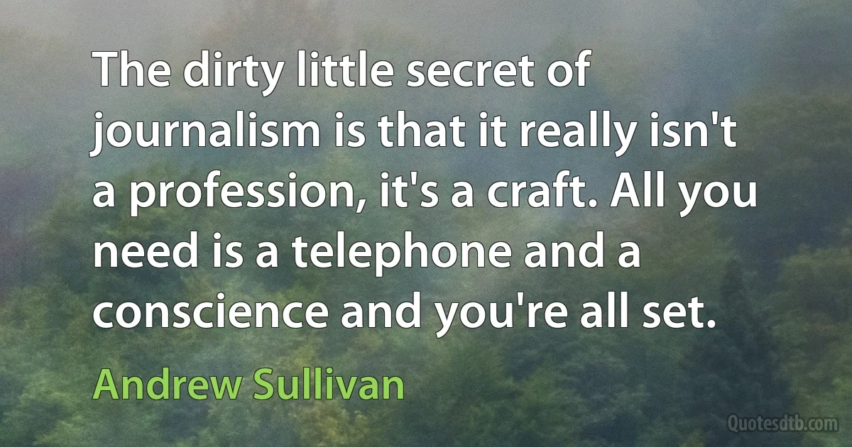 The dirty little secret of journalism is that it really isn't a profession, it's a craft. All you need is a telephone and a conscience and you're all set. (Andrew Sullivan)