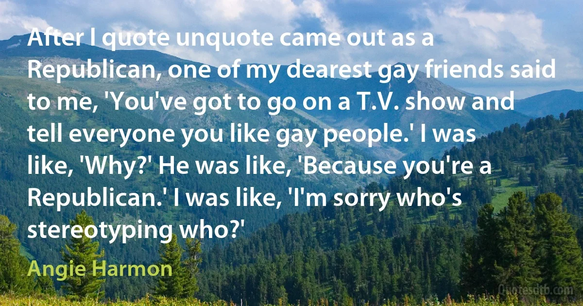 After I quote unquote came out as a Republican, one of my dearest gay friends said to me, 'You've got to go on a T.V. show and tell everyone you like gay people.' I was like, 'Why?' He was like, 'Because you're a Republican.' I was like, 'I'm sorry who's stereotyping who?' (Angie Harmon)