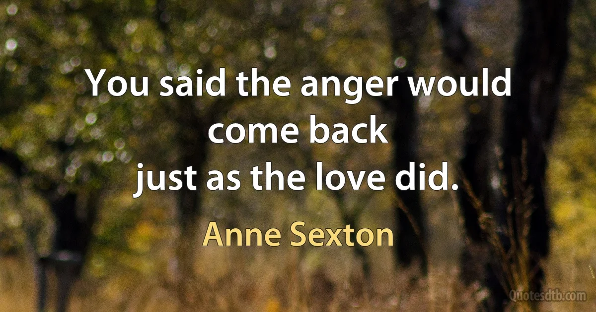 You said the anger would come back
just as the love did. (Anne Sexton)