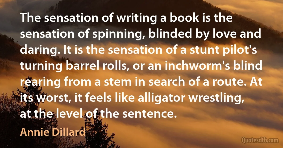 The sensation of writing a book is the sensation of spinning, blinded by love and daring. It is the sensation of a stunt pilot's turning barrel rolls, or an inchworm's blind rearing from a stem in search of a route. At its worst, it feels like alligator wrestling, at the level of the sentence. (Annie Dillard)