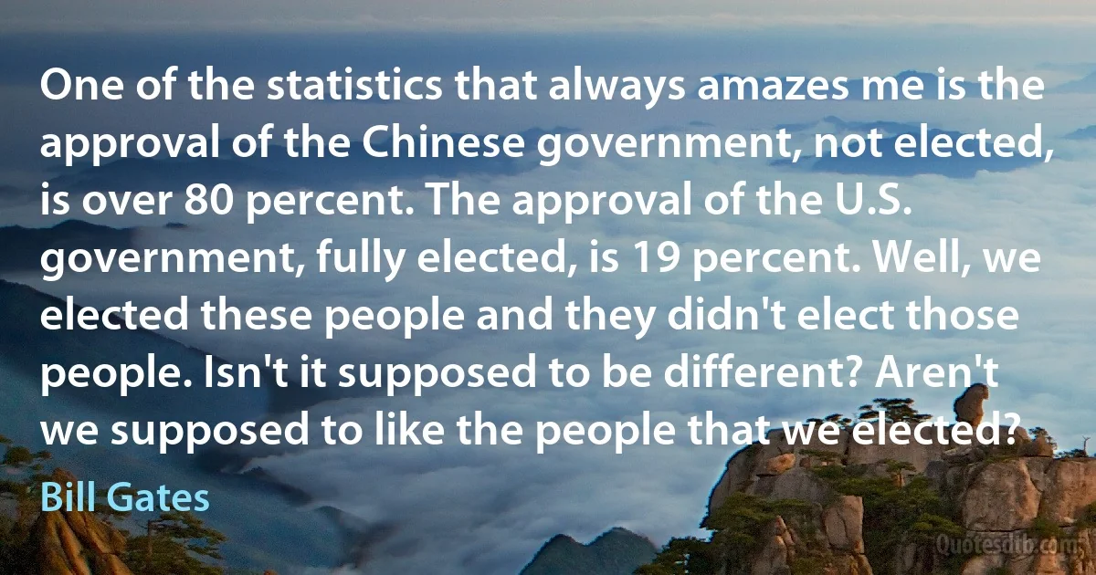 One of the statistics that always amazes me is the approval of the Chinese government, not elected, is over 80 percent. The approval of the U.S. government, fully elected, is 19 percent. Well, we elected these people and they didn't elect those people. Isn't it supposed to be different? Aren't we supposed to like the people that we elected? (Bill Gates)