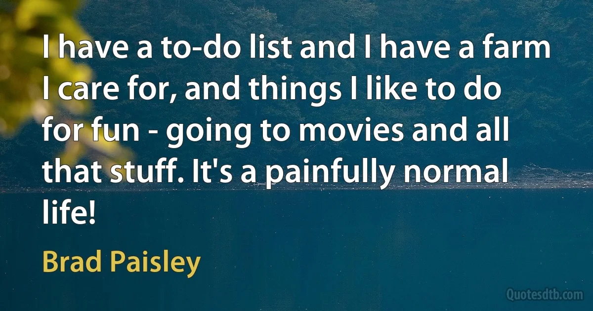 I have a to-do list and I have a farm I care for, and things I like to do for fun - going to movies and all that stuff. It's a painfully normal life! (Brad Paisley)