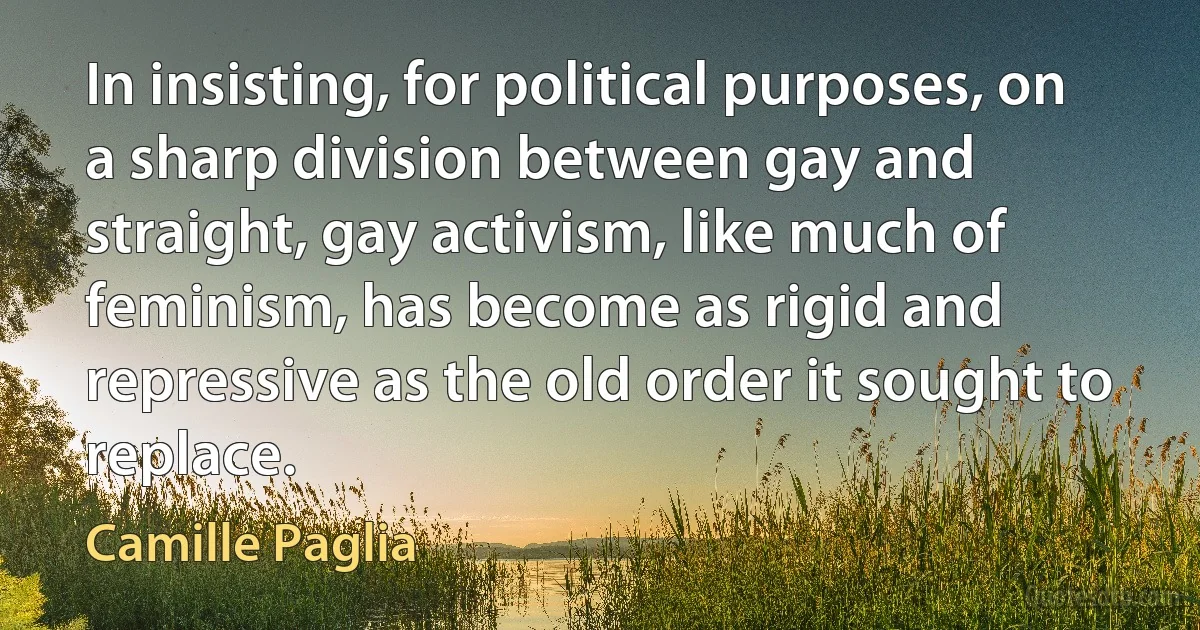 In insisting, for political purposes, on a sharp division between gay and straight, gay activism, like much of feminism, has become as rigid and repressive as the old order it sought to replace. (Camille Paglia)