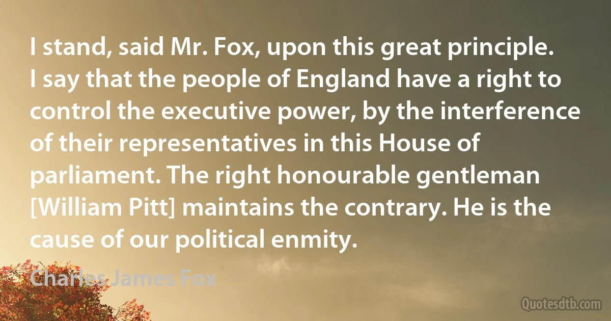 I stand, said Mr. Fox, upon this great principle. I say that the people of England have a right to control the executive power, by the interference of their representatives in this House of parliament. The right honourable gentleman [William Pitt] maintains the contrary. He is the cause of our political enmity. (Charles James Fox)