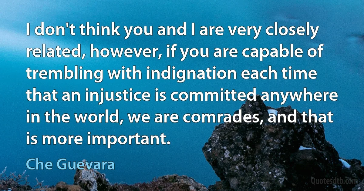 I don't think you and I are very closely related, however, if you are capable of trembling with indignation each time that an injustice is committed anywhere in the world, we are comrades, and that is more important. (Che Guevara)