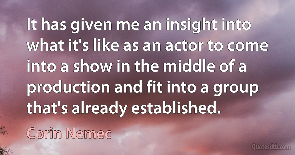 It has given me an insight into what it's like as an actor to come into a show in the middle of a production and fit into a group that's already established. (Corin Nemec)