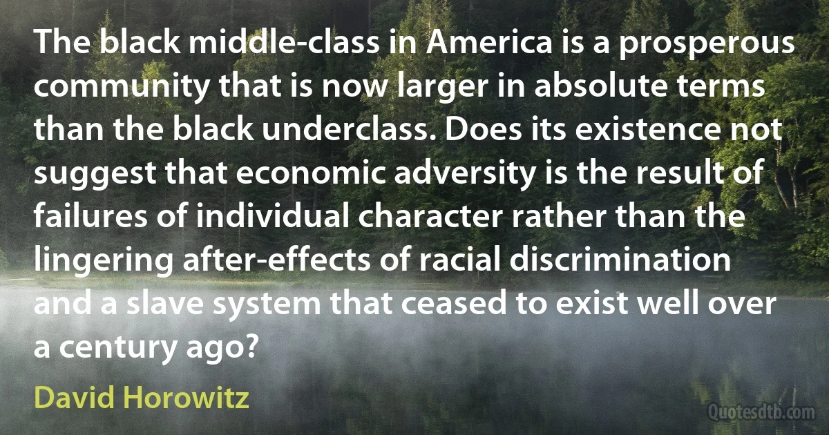 The black middle-class in America is a prosperous community that is now larger in absolute terms than the black underclass. Does its existence not suggest that economic adversity is the result of failures of individual character rather than the lingering after-effects of racial discrimination and a slave system that ceased to exist well over a century ago? (David Horowitz)