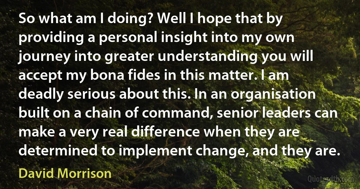 So what am I doing? Well I hope that by providing a personal insight into my own journey into greater understanding you will accept my bona fides in this matter. I am deadly serious about this. In an organisation built on a chain of command, senior leaders can make a very real difference when they are determined to implement change, and they are. (David Morrison)