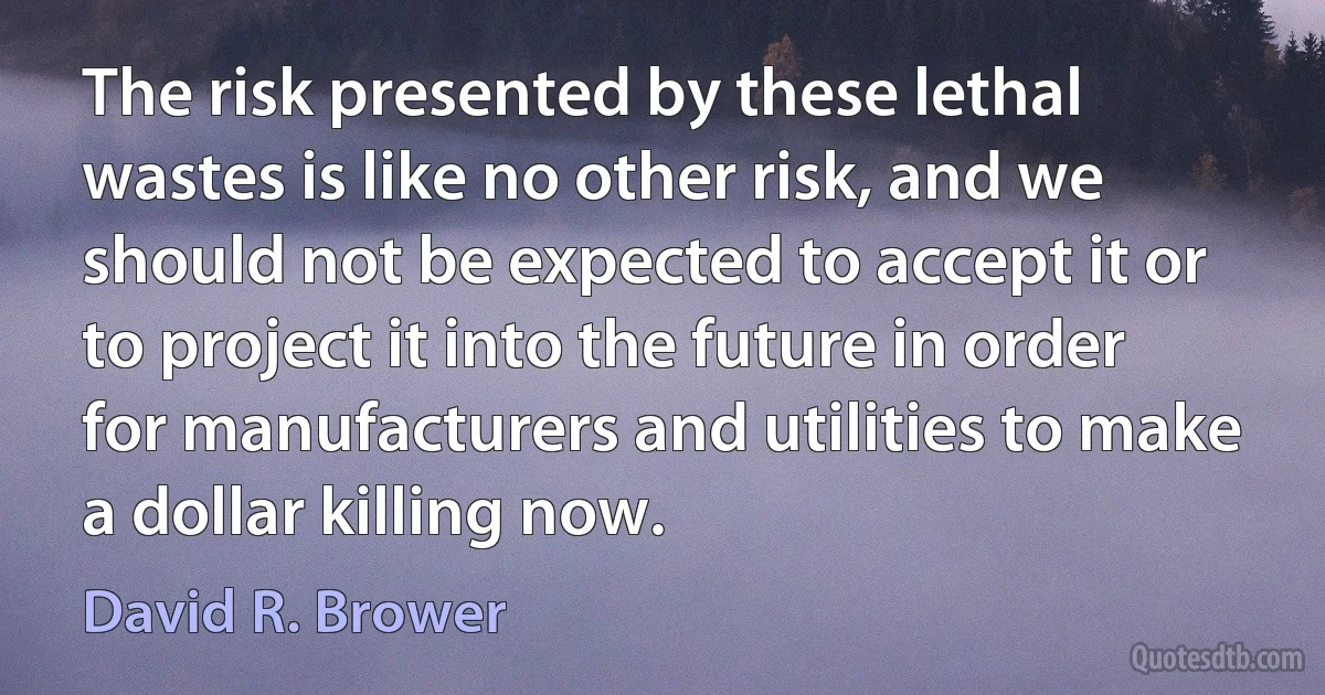 The risk presented by these lethal wastes is like no other risk, and we should not be expected to accept it or to project it into the future in order for manufacturers and utilities to make a dollar killing now. (David R. Brower)