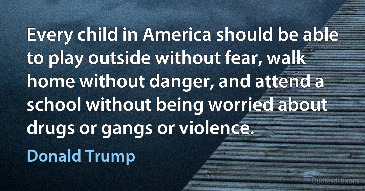 Every child in America should be able to play outside without fear, walk home without danger, and attend a school without being worried about drugs or gangs or violence. (Donald Trump)