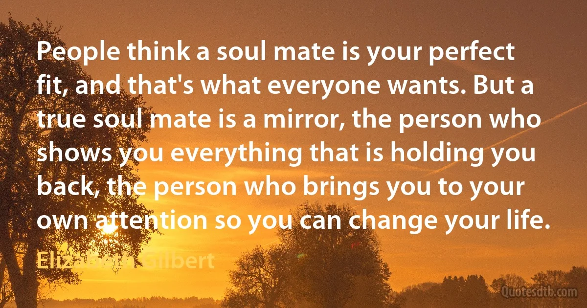 People think a soul mate is your perfect fit, and that's what everyone wants. But a true soul mate is a mirror, the person who shows you everything that is holding you back, the person who brings you to your own attention so you can change your life. (Elizabeth Gilbert)