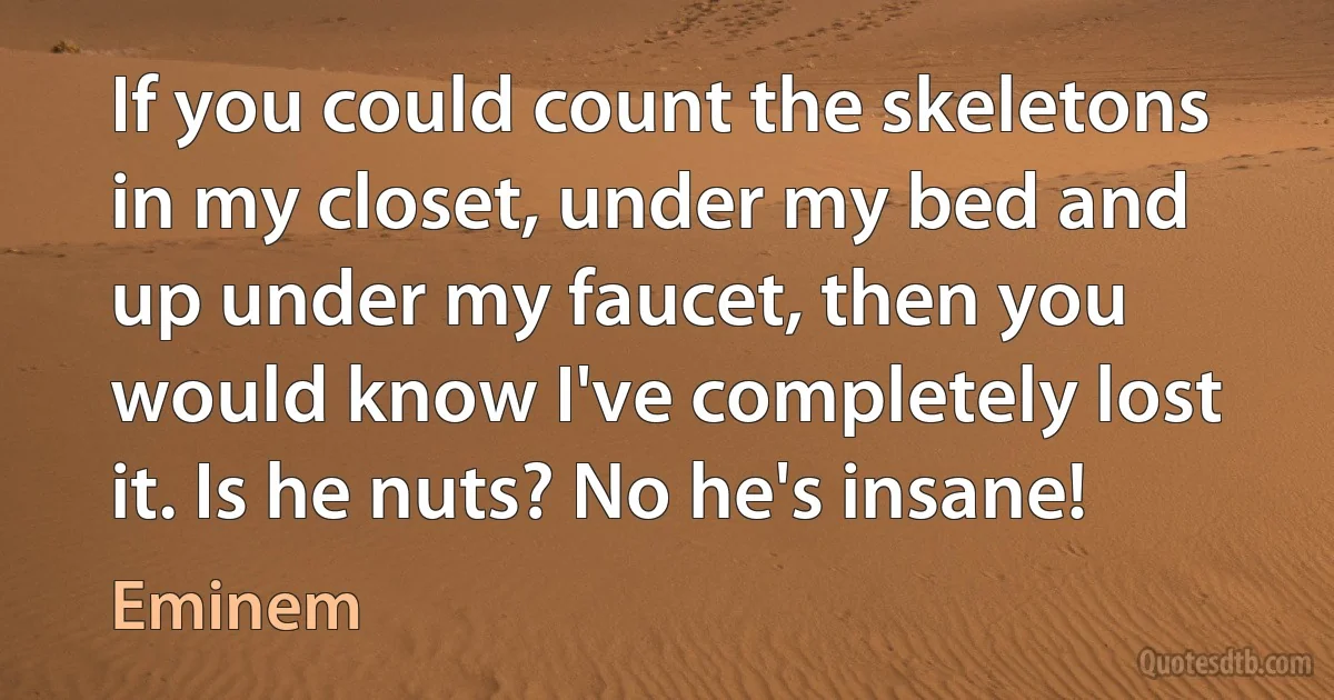 If you could count the skeletons in my closet, under my bed and up under my faucet, then you would know I've completely lost it. Is he nuts? No he's insane! (Eminem)