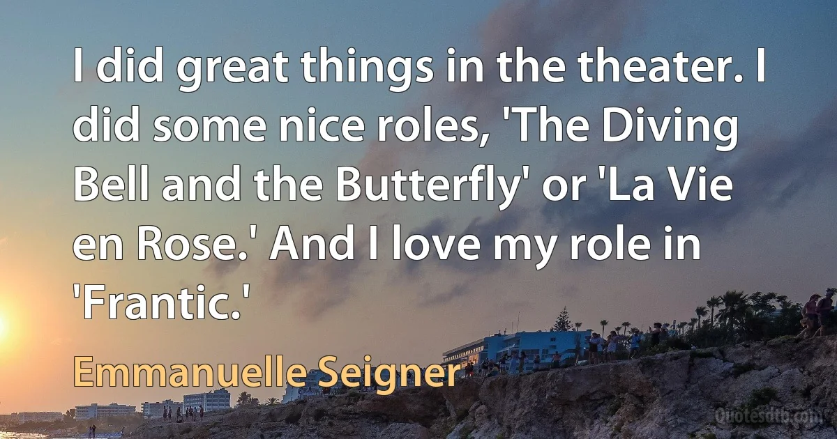 I did great things in the theater. I did some nice roles, 'The Diving Bell and the Butterfly' or 'La Vie en Rose.' And I love my role in 'Frantic.' (Emmanuelle Seigner)